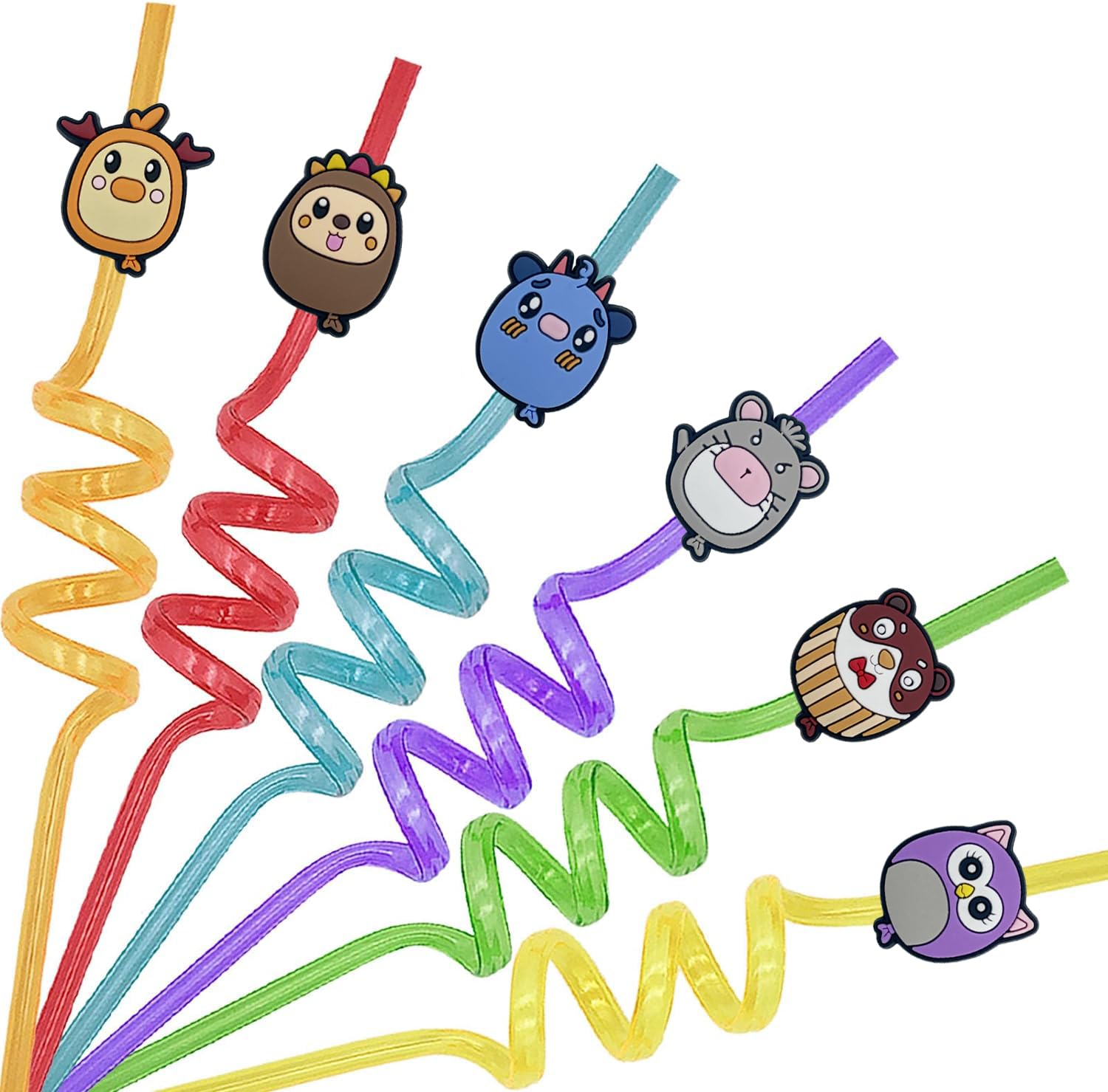 24-Pack Reusable Plastic Drinking Straws for Kids Birthday Party, 6 Unique Animal Designs - Party Gift Favors and Decorations for Children's Celebrations, Balloon-Mon