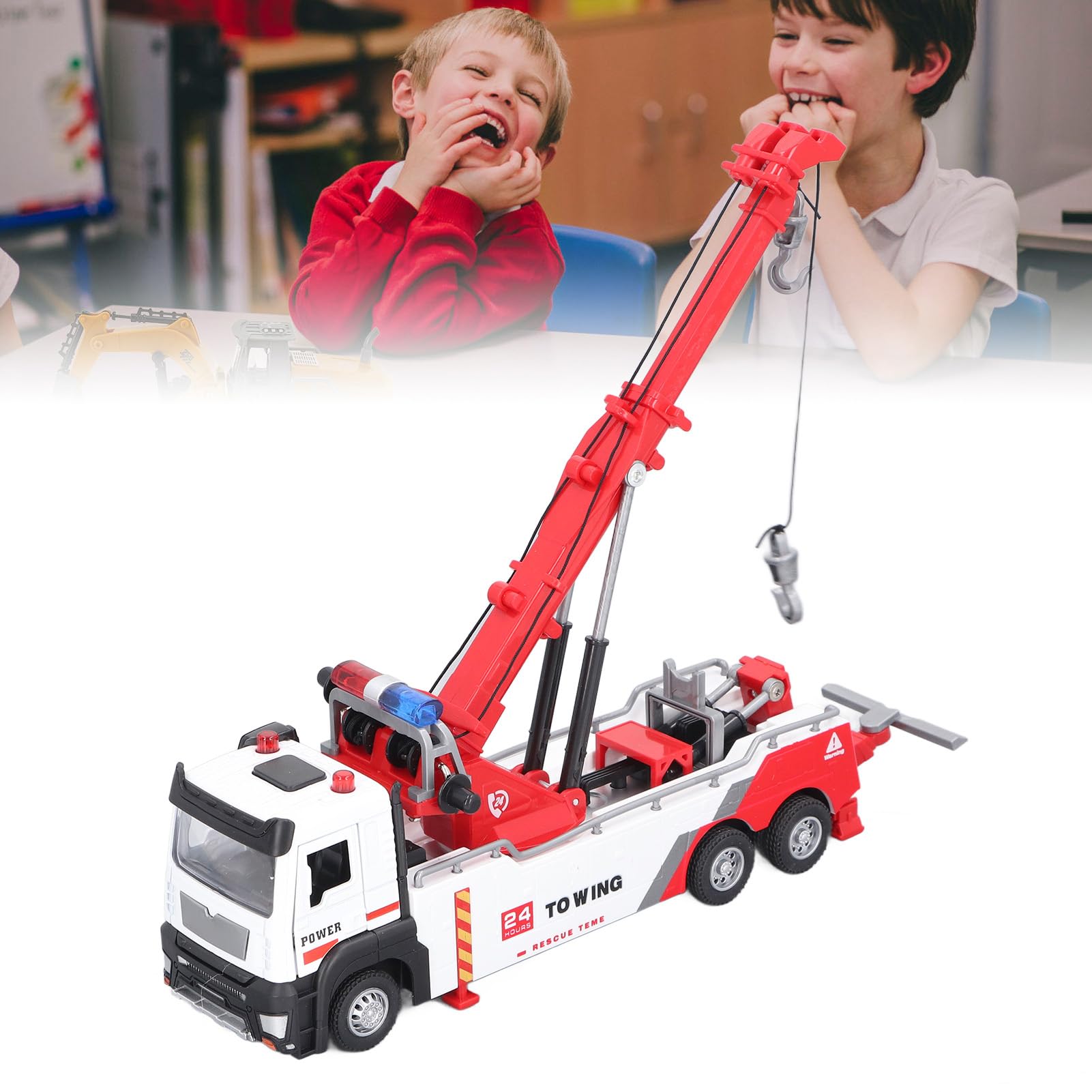 Domary Jouet de Camion de Grue en Alliage à Bras Rotatif à 360 Degrés pour Enfants, Modèle Construction Lumière Sonore