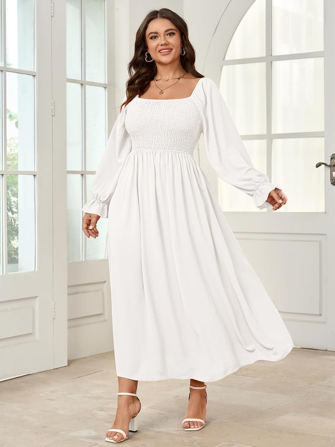Women's Plus Size Maxi Dress Long Sleeve Square Neck Smocked Flowy A-Line Boho Wedding Party Maxi Dress - Image 2
