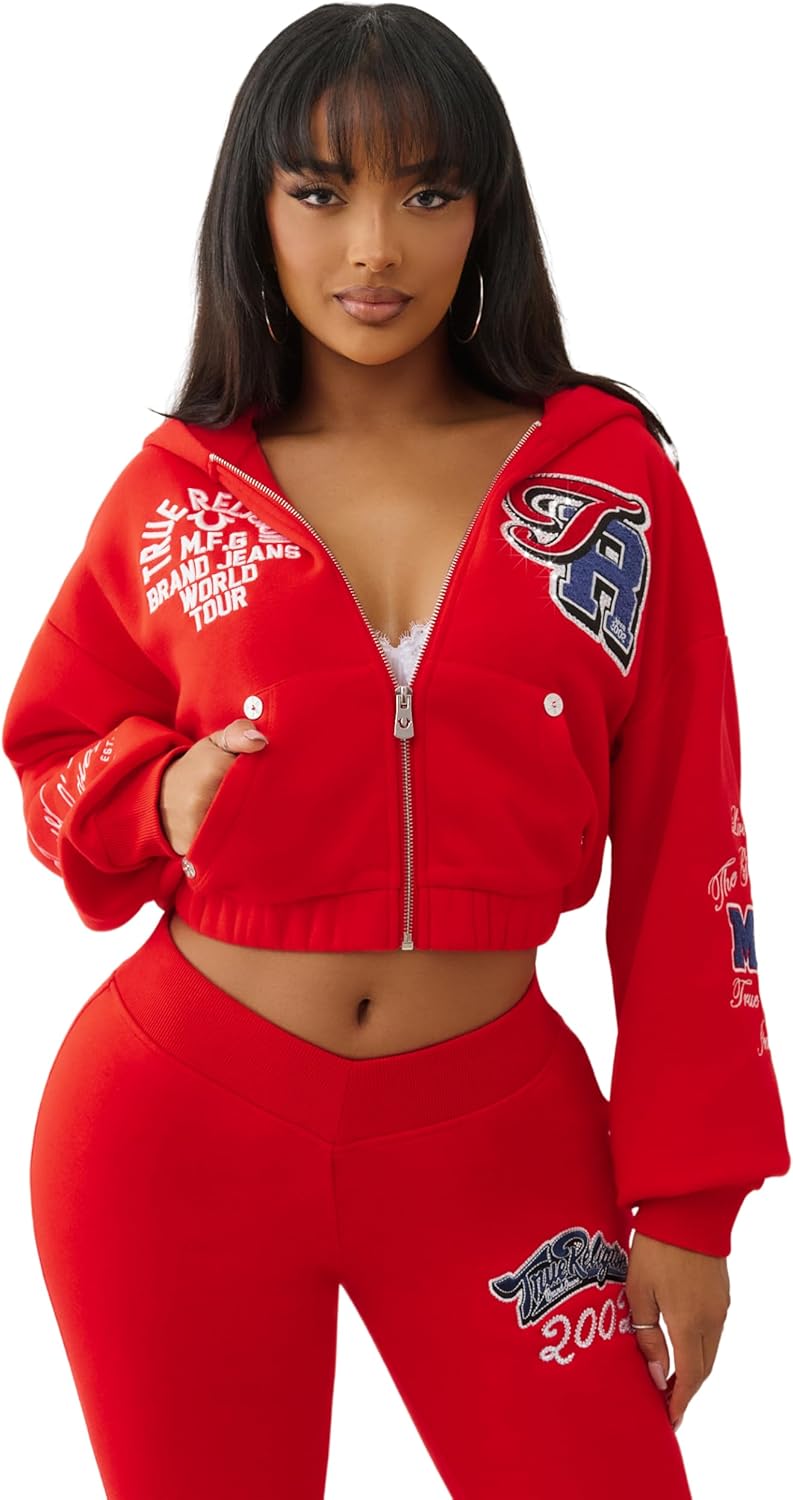 True Religion Women's Crystal Patched Zip Hoodie – Full Zip Fleece Sweatshirt with Rhinestone Logo - Image 2