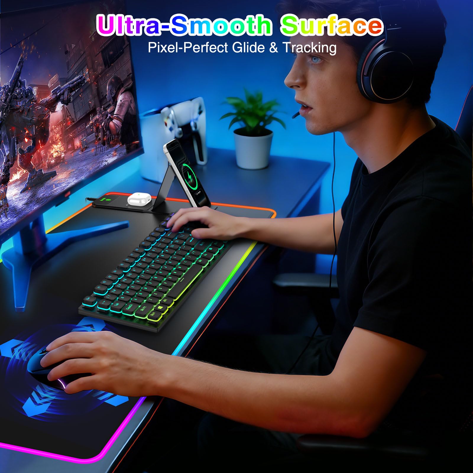 Tappetino per mouse da gioco XXL RGB LED con ricarica wireless magnetica e supporto pieghevole per telefono, 80 x 40 cm, tappetino da scrivania ultra liscio, 25 effetti di luce, base antiscivolo