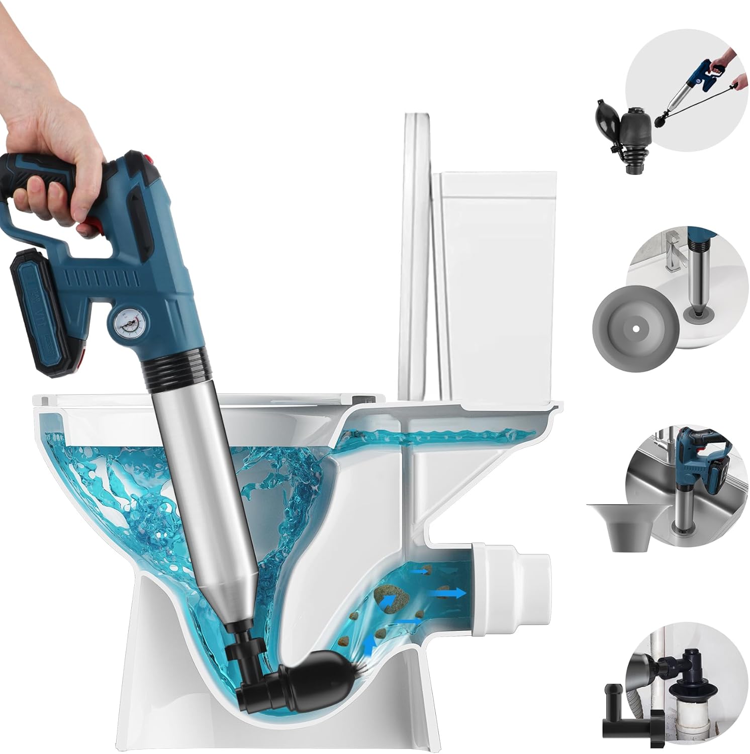 Electric Plunger Toilet, Drain Snake Clog Removal Tool, Heavy Duty Sink Plunger with Visual Barometer, High Pressure Air Blaster for Toilet, Bathroom, Drain, Floor Drain, Sewer, Pipe, Blue Spare Battery Included Blue