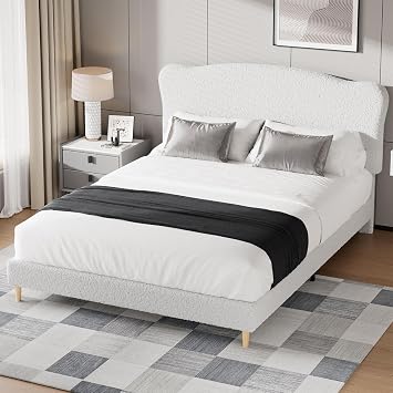 Luxurious Cuddly Boucl  Ottoman Double Bed Frame 82.1"Lx60.3"Wx41.3"H, Gas Lift Storage, Soft Fabric Sherpa Grand Panel Headboard, Sturdy Construction, Modern Bedroom Furniture, Easy Assembly, Beige