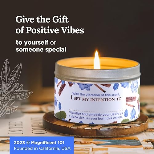 Miniatura 6 de MAGNIFICENT 101 Positivity Vela de aromaterapia en 6 oz. Soporte de lata cera de soja con aceites de flor de palo santo y loto y hojas de salvia