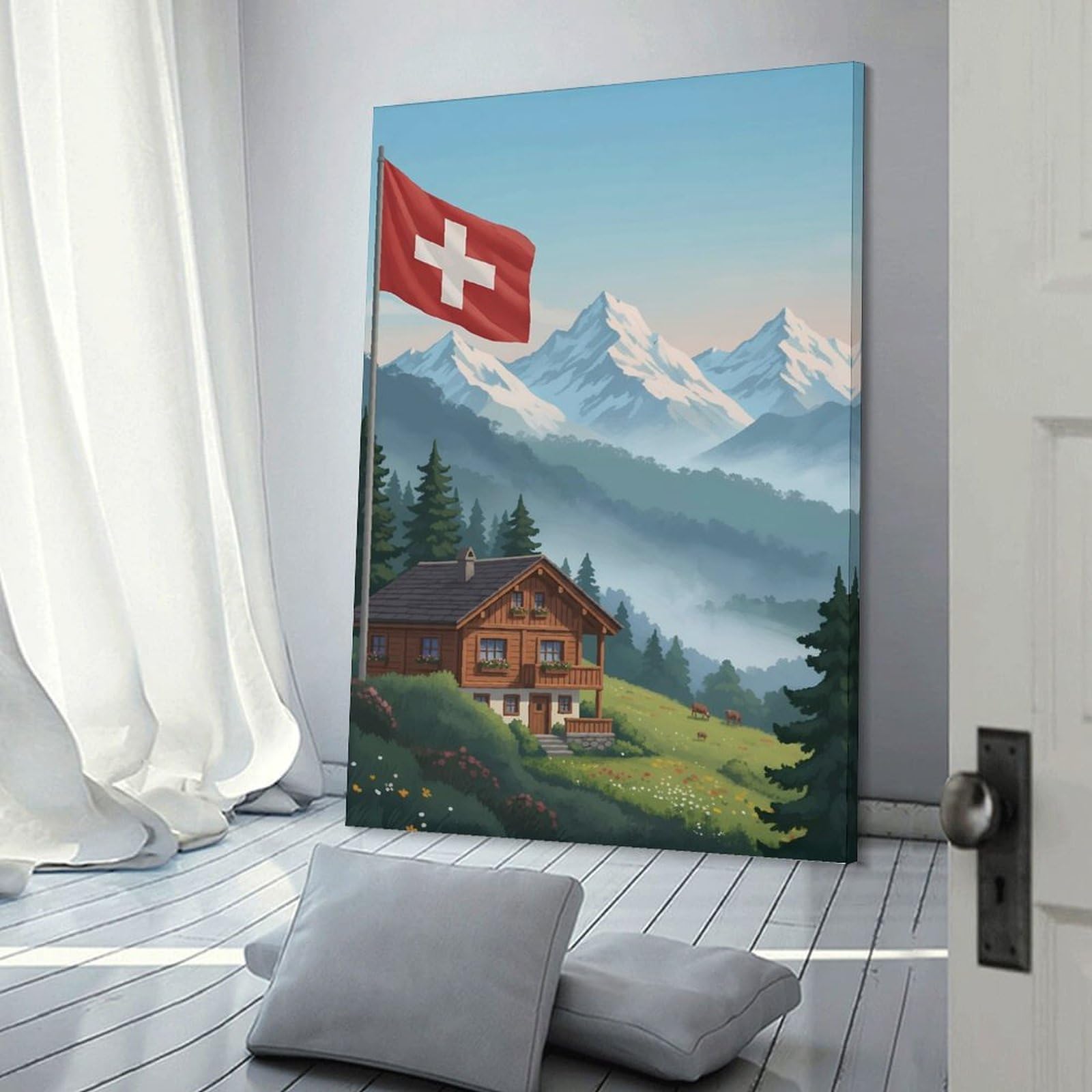 Junmoney Swiss Chalet with Flag And Mountains Home Decor Wall Art, 12x18inch(30x45cm), for Apartments, Flats Or New Home Decor, An Easy Choice for New Home Styling