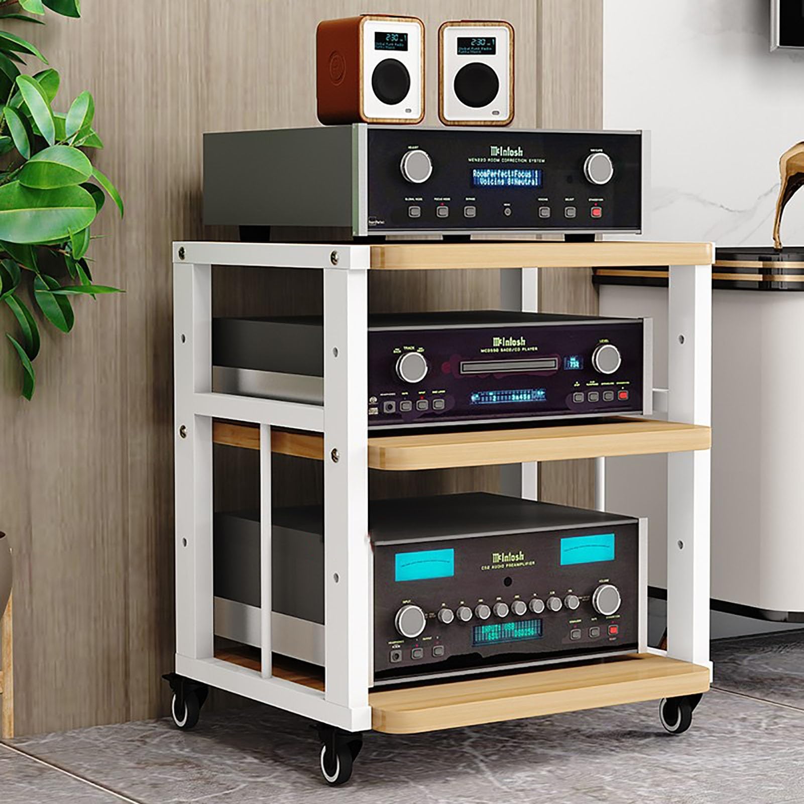 HOFSSI 3-Tier Metal Steel Shelf Media Stand Audio/Video Component Cabinet with Height Adjustable Wooden Shelf Perfectly Fits DVD Player for Home/Office (Size :50x45x61cm)