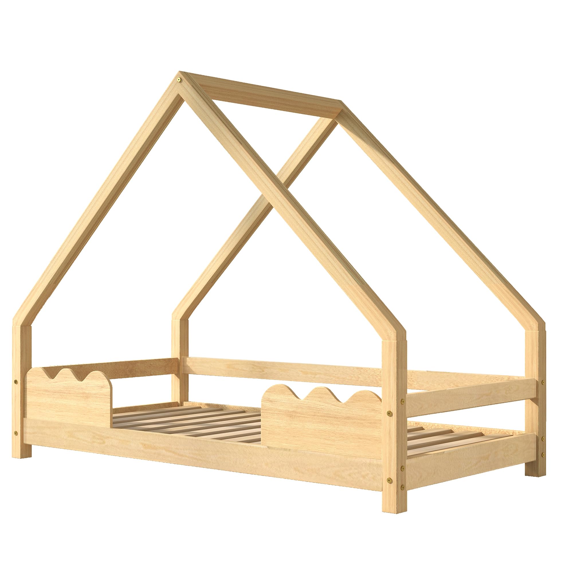 Merax Kinderbett 90x200cm, Hausbett Mit Lattenrost, Holzhaus Bett mit Rausfallschutz für Jungen & Mädchen, Kinder Bett Baumhausbett, Stabiles Bodenbett, Niedlicher Spielplatz, Natur