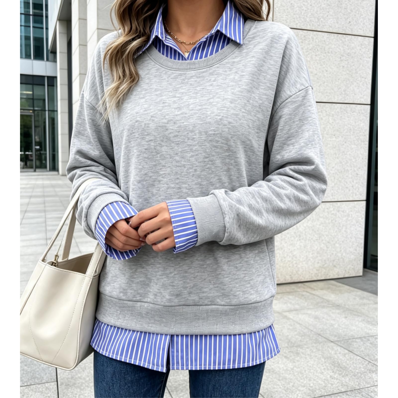Felpe autunnali da donna – Felpa patchwork a righe con colletto