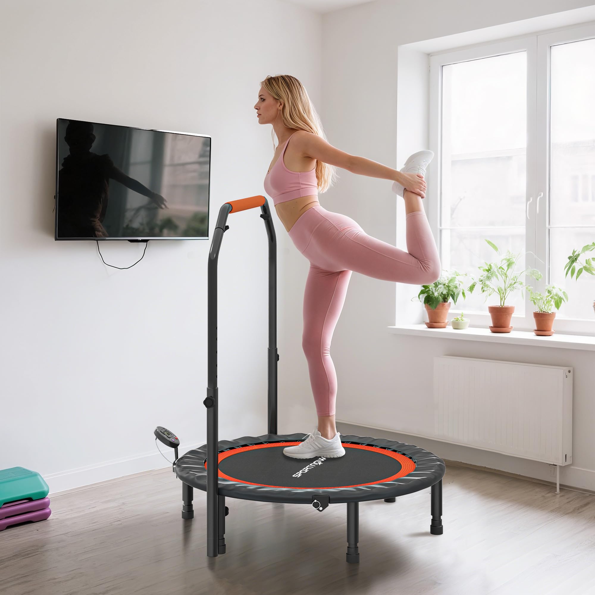 HOMCOM Trampoline de Fitness Gymnastique Trampoline Adulte avec poignée réglable, Pliable, 6 Pieds, 28 Ressorts Ø 102 cm