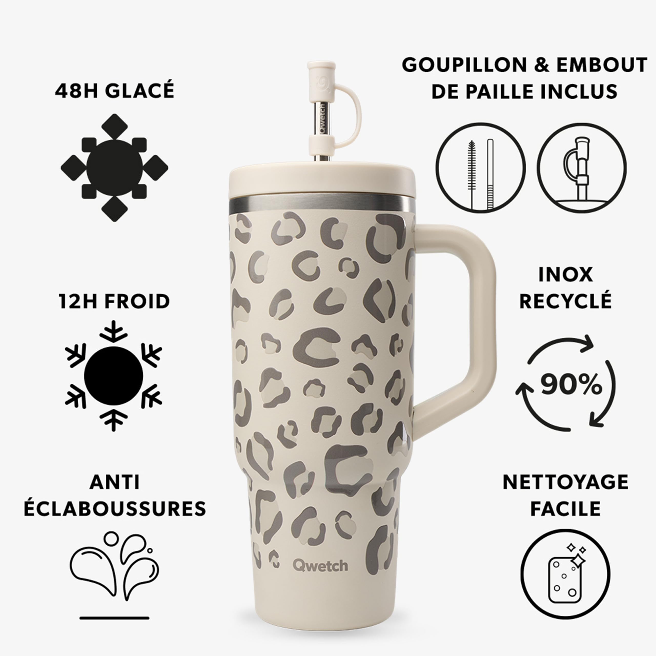 QWETCH - Kubek podróżny 900 ml ze słomką i uchwytem - 48 godzin lody / 12 godzin zimna - Izolowana butelka ze stali nierdzewnej z recyklingu - Kubek z zakrętką zapobiegającą rozpryskiwaniu - Kubek
