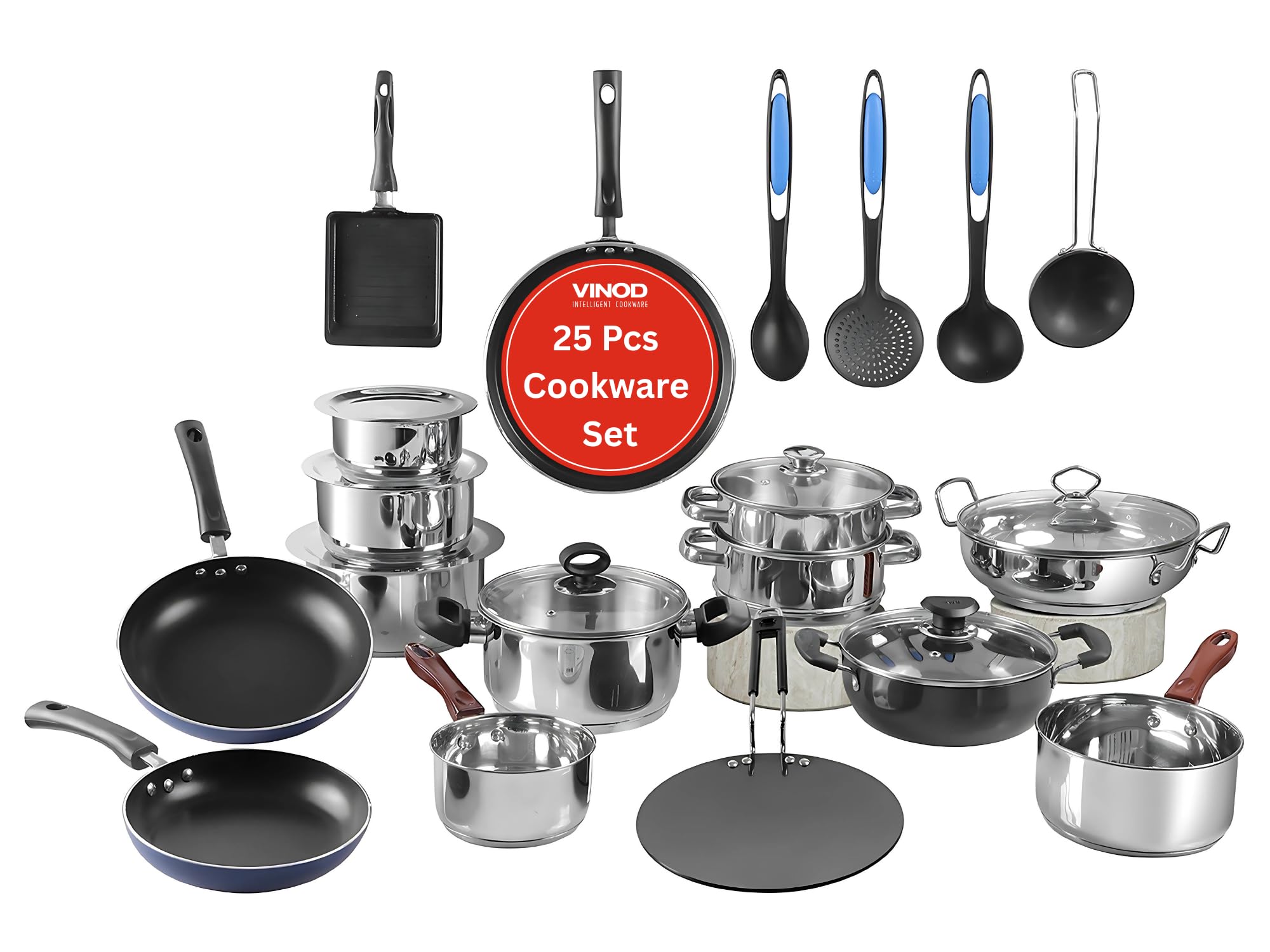 Vinod Kitchen in The Box 25-Piece Stainless Steel Cookware Combo Set | Induction & Gas Stove Friendly | Dishwasher Safe, Stackable, Durable | Essential for Indian Cooking | 2-Year Warranty