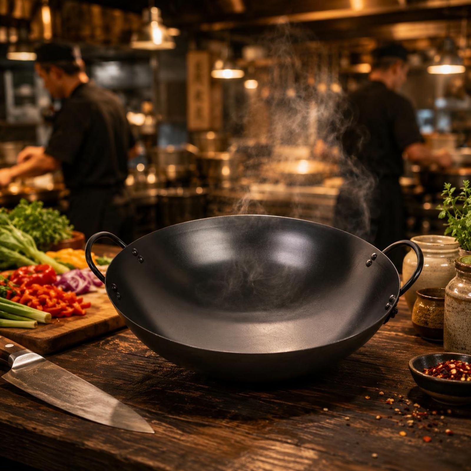Wok à Deux Wok de Cuisine Poêle Sauteuse Marmite Couvercle en Acier Inoxydable Fer Forgé Non Revêtu Poignées en Boucles Prise Ferme Adapté aux, Noir, Noir, 40 Cm