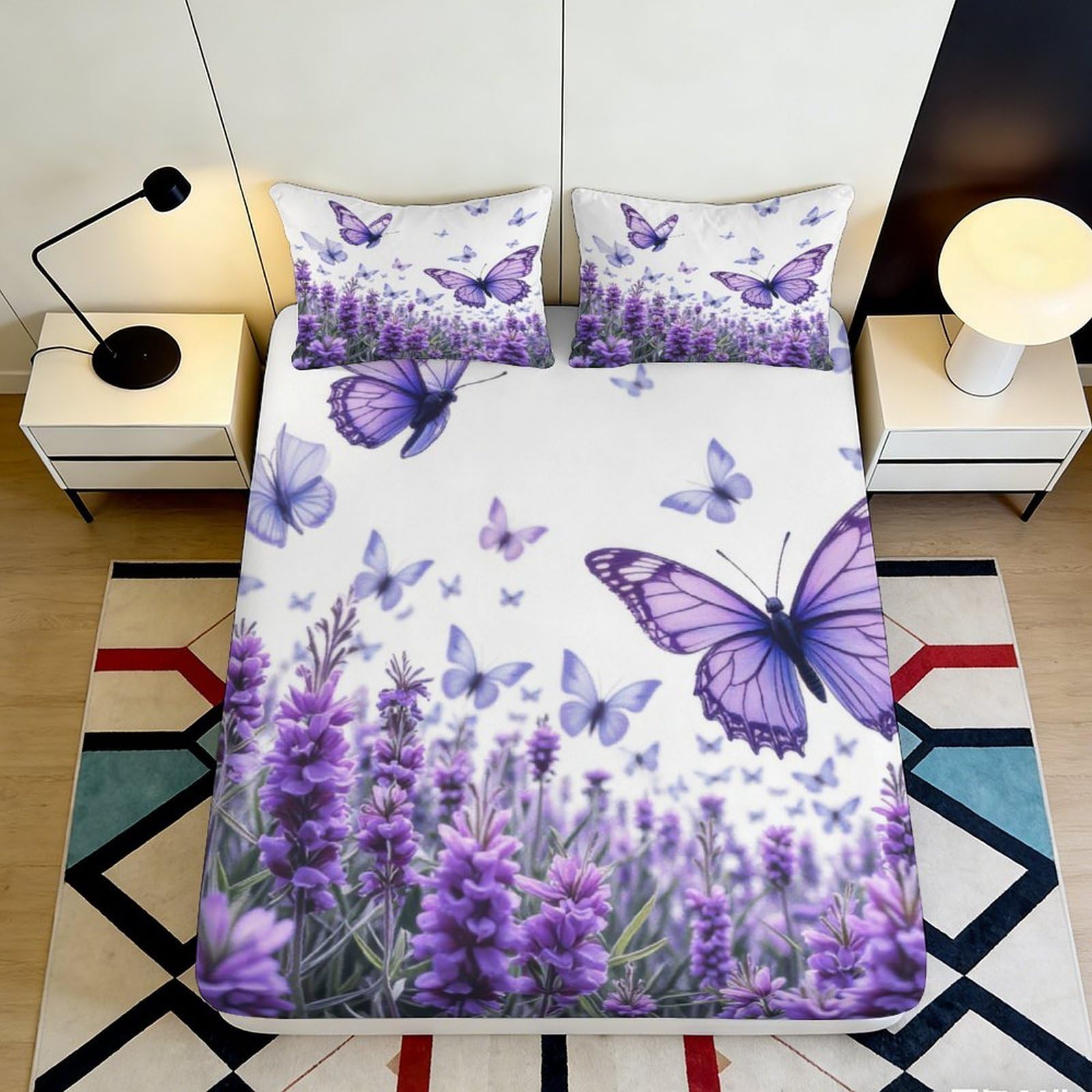 3D Printed Purple Butterfly Fitted Sheet Microfiber Soft Breathable Lavender Mattress Cover for Bedroom Dormitory Guest Room Mattress Protection Decor 180x200x25cm