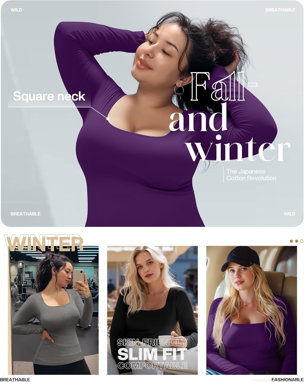 3 Pack Women's Plus Size Tops Square Neck Long Sleeve Shirts Slim Fit Casual Stretchy Fall Basic Tee - Image 2