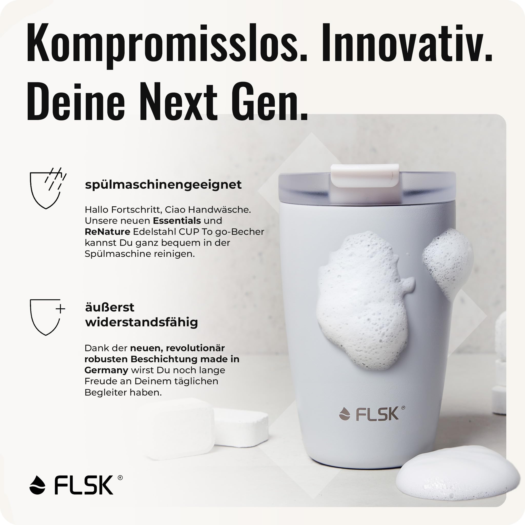 FLSK Next Gen Essentials Cup To Go - Vaso reutilizable de acero inoxidable (350 ml, 500 ml) - 3 h caliente y 3 h frío, a prueba de fugas, apto para lavavajillas, incluye embalaje sin árboles