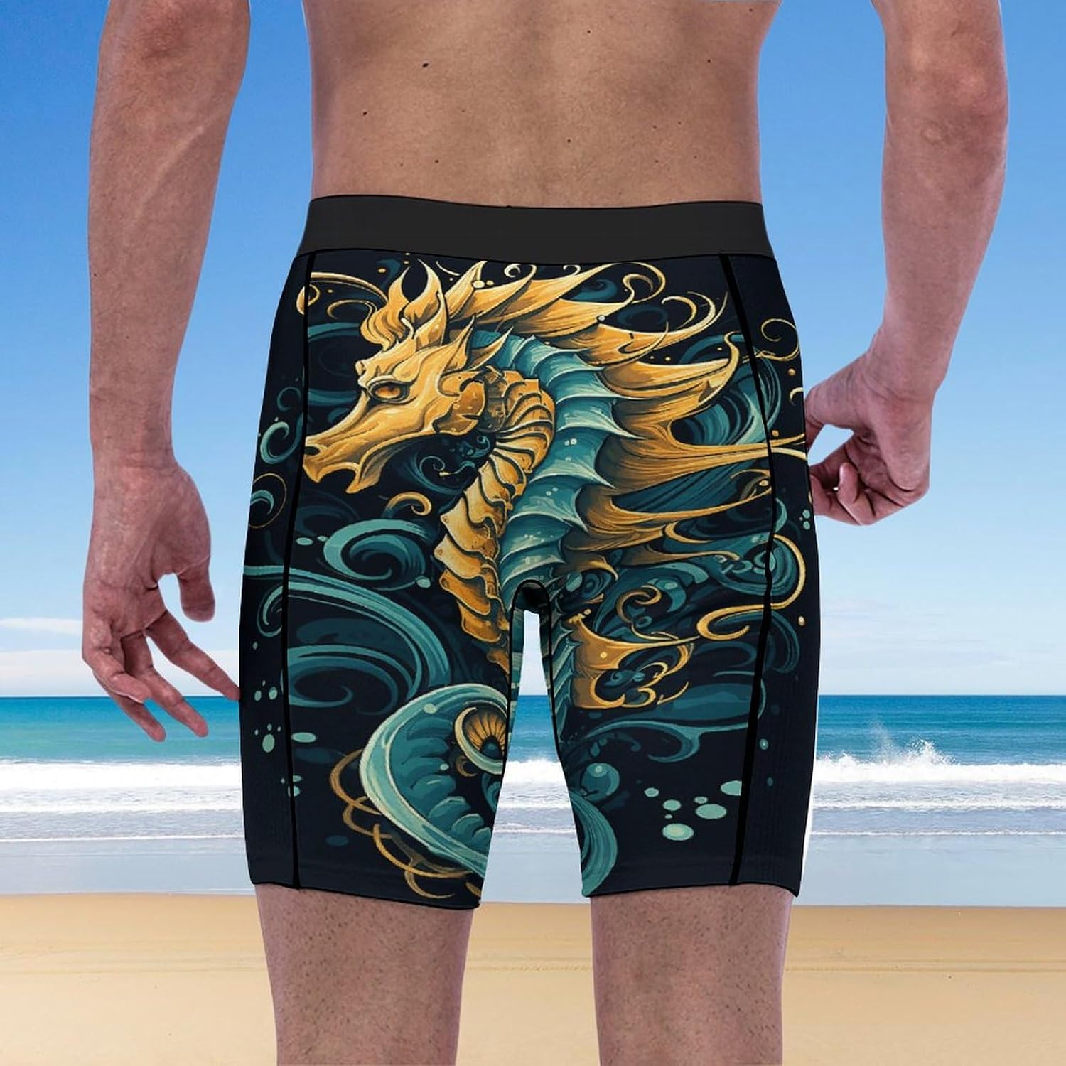 Seahorse Blue Pattern Compression Shorts Men Spandex Sport Shorts Workout Performance Baselayer Underwear