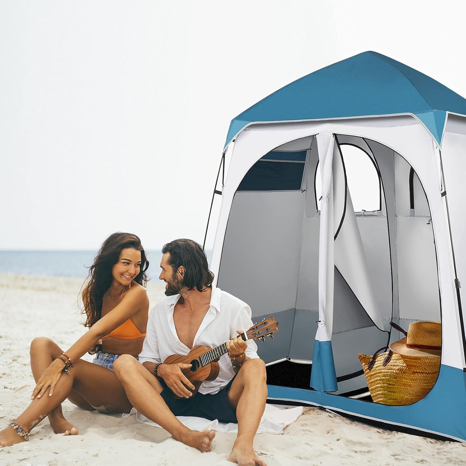 Pop Up Duschzelt, 2 Zimmer Wasserdicht Sichtschutz mit Boden, Tragetasche für Camping, Strand, Wandern und Toilette, UV-Schutz, 2,3 m