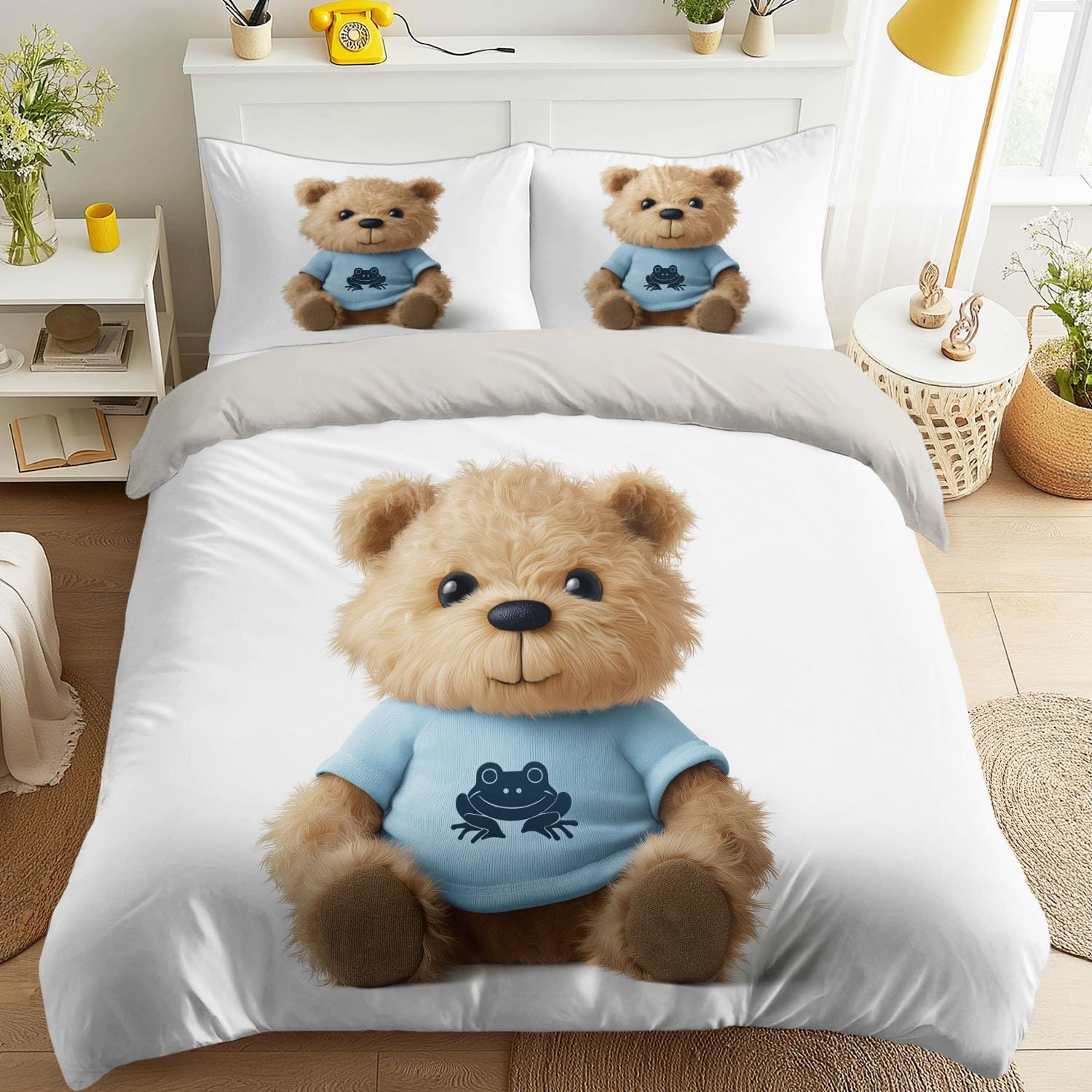 Housse de couette imprimée ours en peluche 220x230 en microfibre douce avec taies d'oreiller