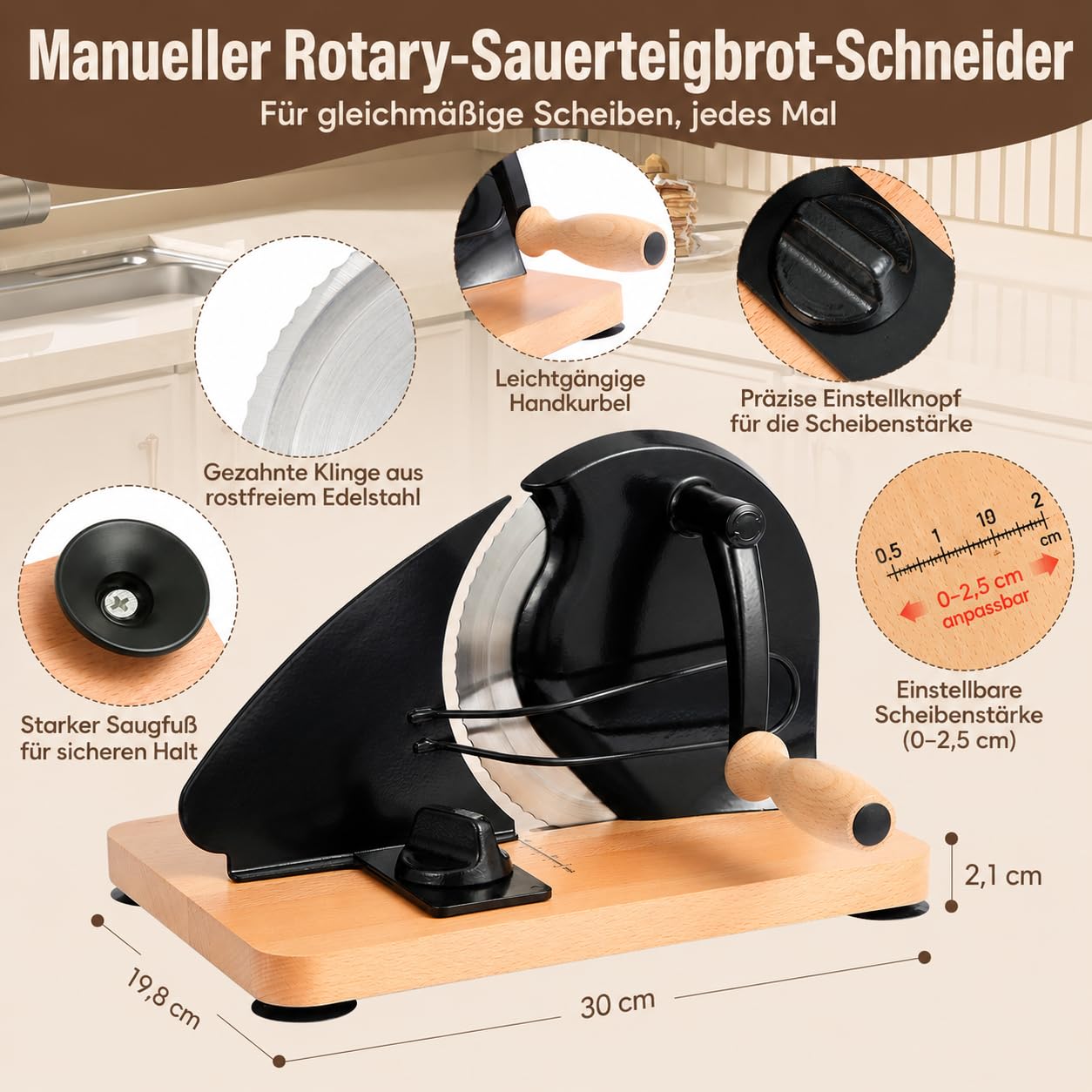 Brotschneidemaschine Manuell mit Handkurbel,Brotschneider mit Verstellbarer Scheibenbreite 0-2,2 cm,Edelstahl Klinge & Massivholz,Tragbare Schneidemaschine mit Saugnäpfen für Sauerteig Brot&Roggen