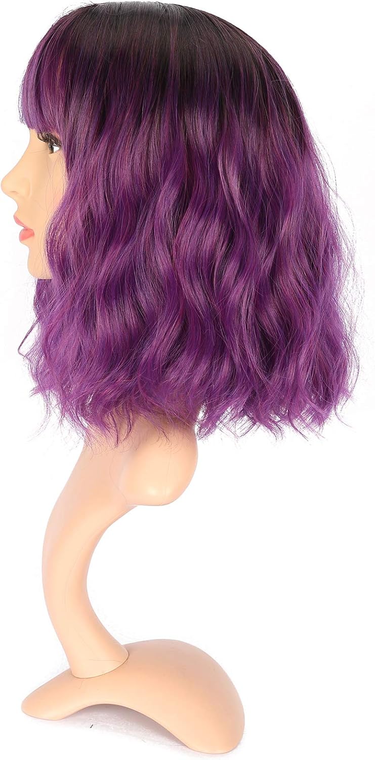 VCKOVCKO Ombre Natural Wavy Bob Wig, Air Bangs Short Bob Wigs, Shoulder Length, Curly Wavy Synthetic, Colorful for Girl (12" - Image 4