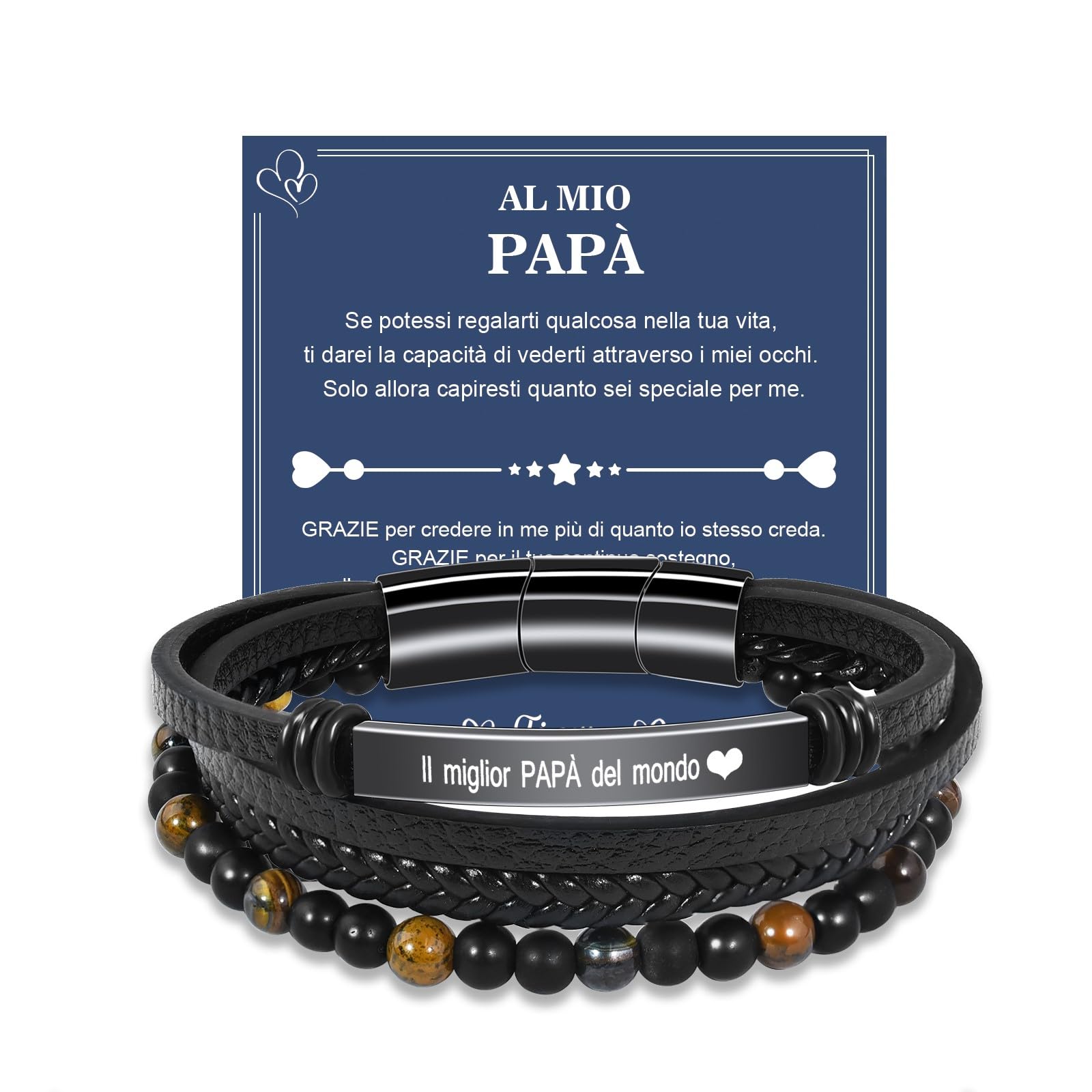 VGWON Regalo Uomo Bracciale da Uomo in Vera Pelle con Pietre Naturali, Regalo per Lui Marito Fidanzato Figlio Papà Nonno, Regalo San Valentino Compleanno Natale Anniversario