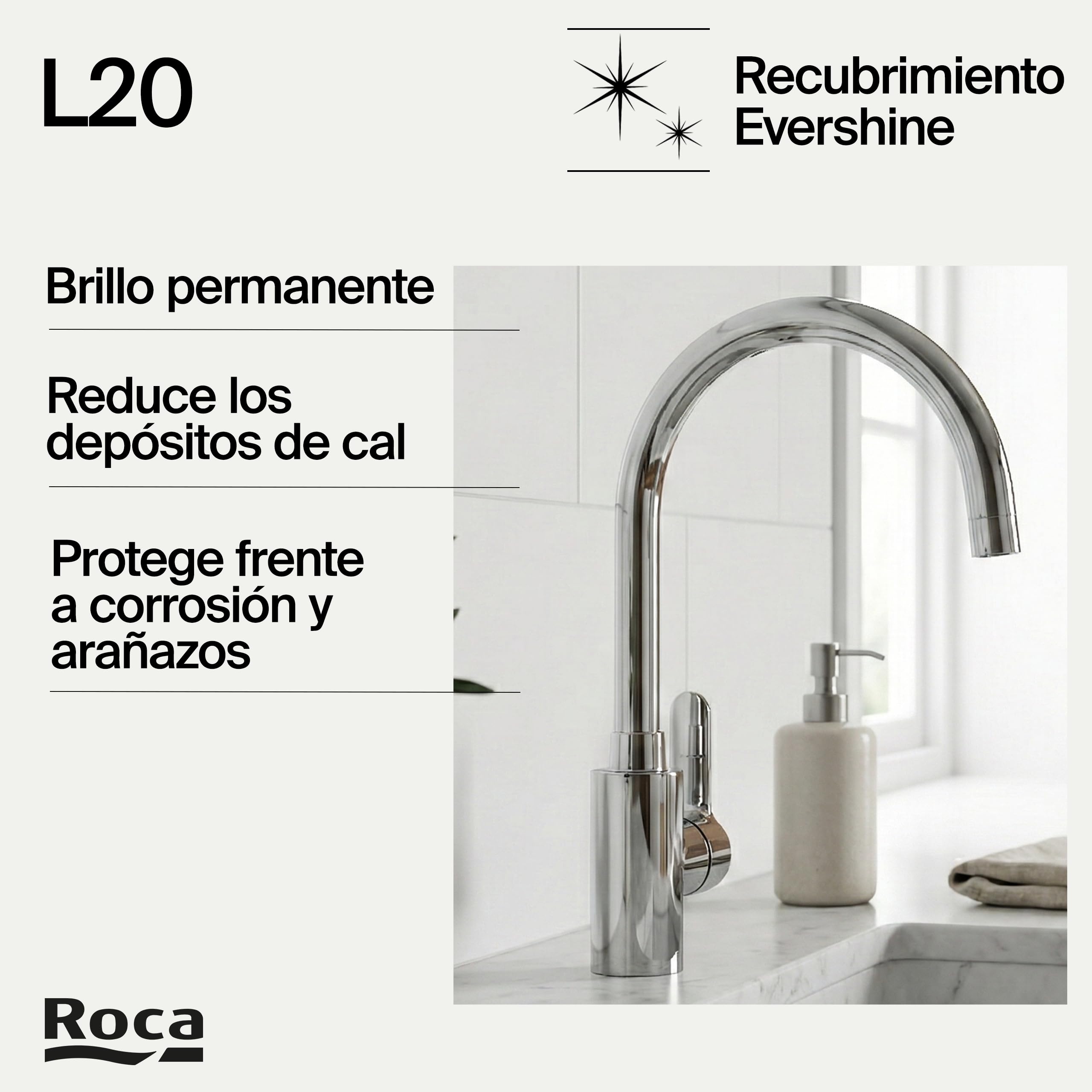 Roca,L20,Grifería monomando para cocina con caño giratorio, Cold Start,A5A8409C00