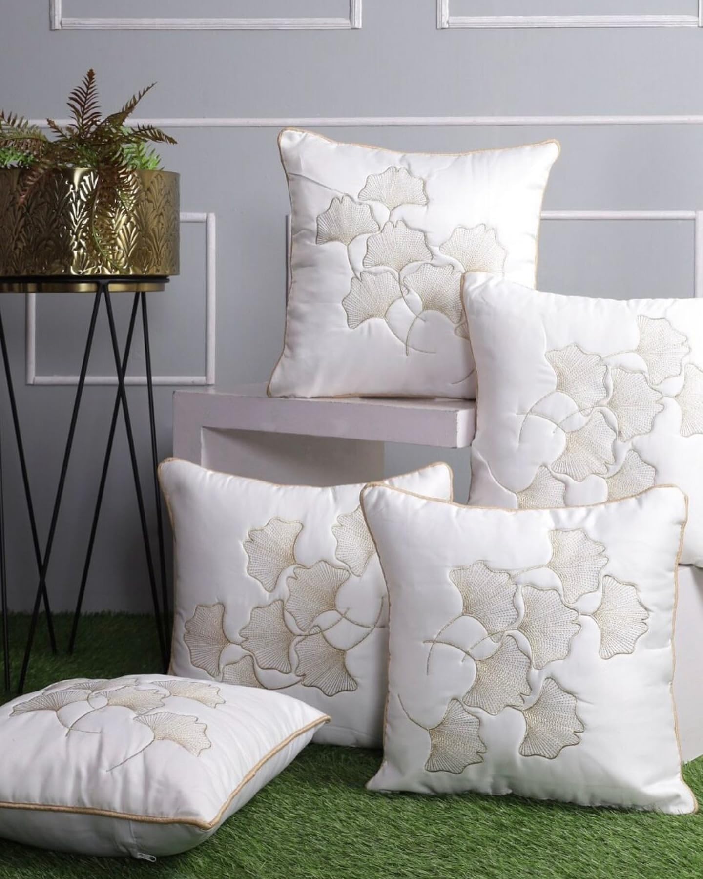 Embroidered Satin Silk Cushion Covers | 16 x 16 inches | Cushion Cover Set with Intricate Embroidery | Set of 5, for Couch, Sofa, Bed (White)-image-4