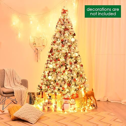 Miniatura 2 de HAPPYGRILL Árbol de Navidad artificial preiluminado de 7.5 pies con bisagras, árbol de pino de Navidad flocado con soporte de metal sólido, ramas