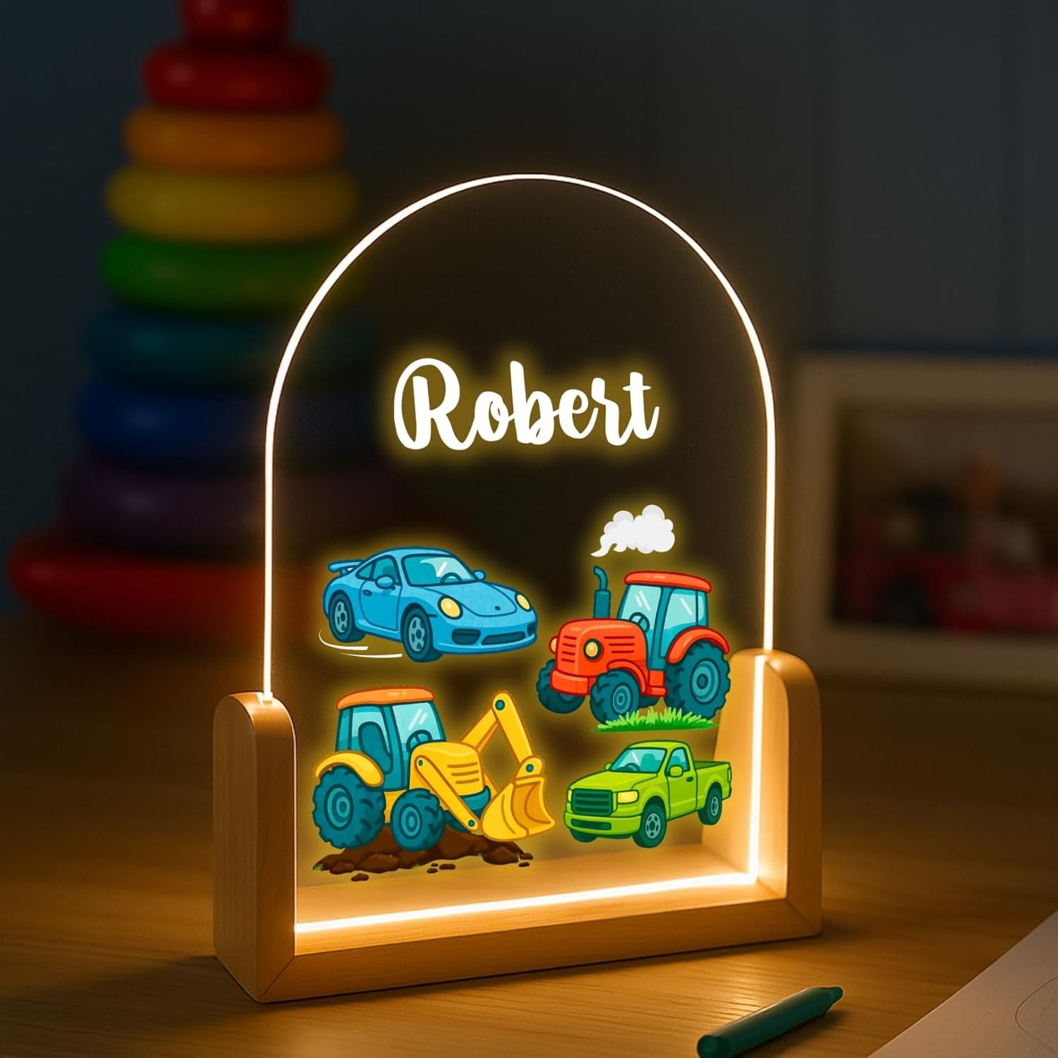Custom Name LED Lamp with with Name - 5x7" - Cute Wooden Bedside Lamp, Toddler Nursery Decor, Nursery Decor Gift for Baby Boys and Girls, Personalized Night Light for Kids Room (Cars & Trucks)
