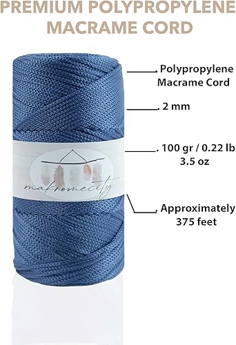 Miniatura 2 de Makromecity, Cordón de macramé de poliéster de 0.079 in x 125 yardas (375 pies) de 0.079 pulgadas de polipropileno, tela vaquera azul, cordón de