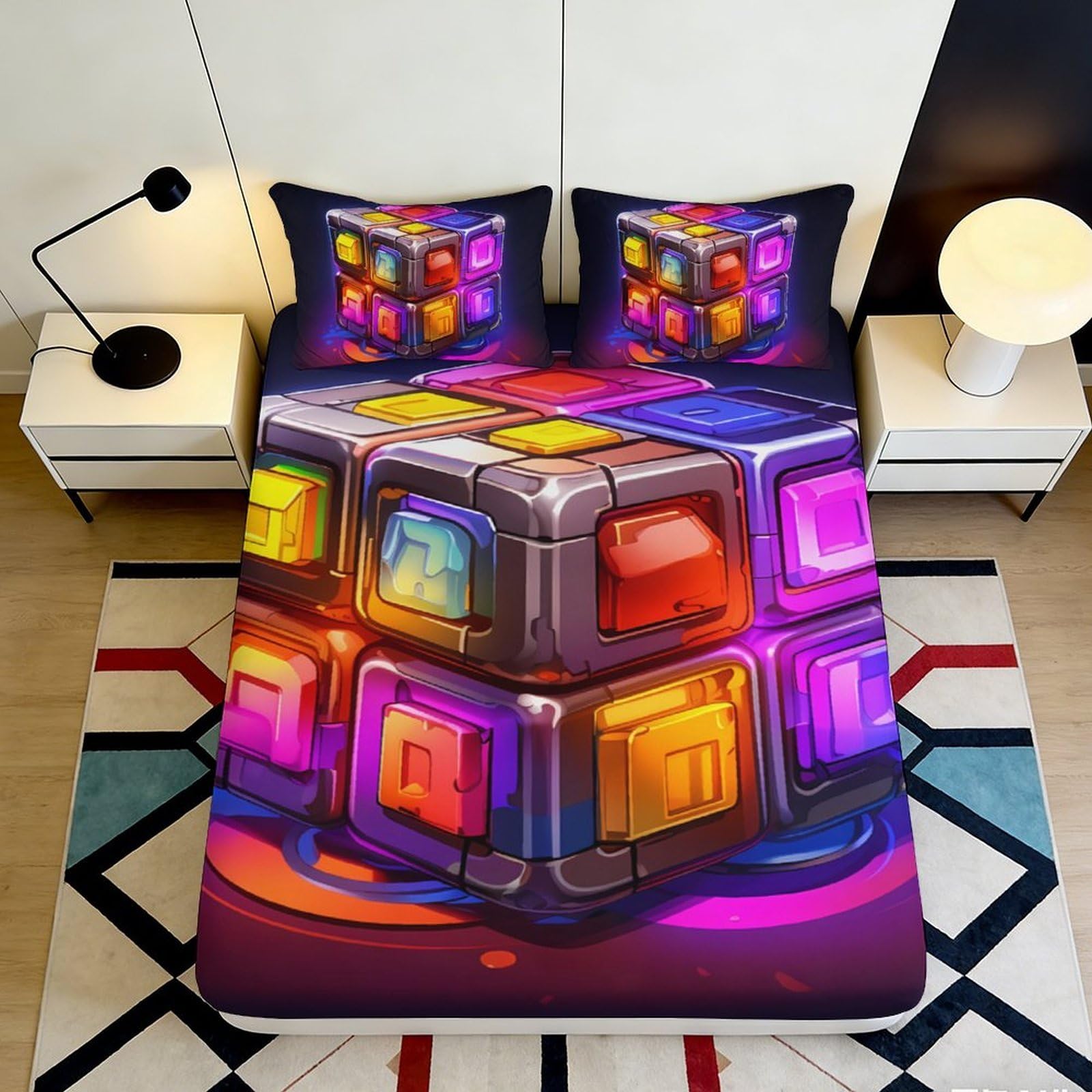3D Printed Colorful Cube Fitted Sheet Microfiber Soft Durable Geometric Bed Cover for Bedroom Dormitory Guest Room Mattress Protection 120x200x25cm