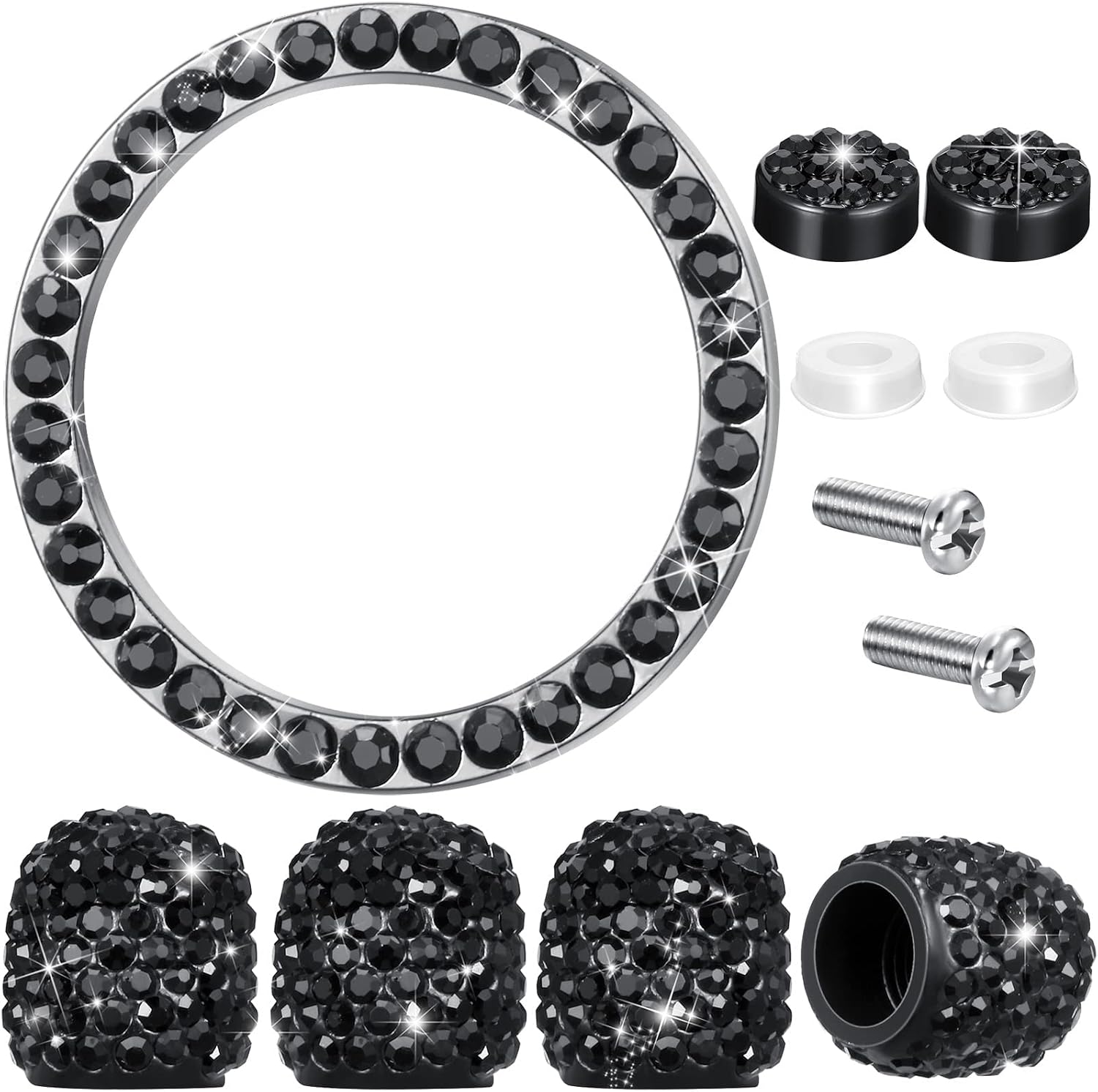 6 Pieces Bling Rhinestone Car Accessories Set Includes Bling License Plate Frame, Ring Emblem Sticker, Bling Valve Stem Caps Tire Valve Dust Caps for Auto Car Ornament Decoration (Black)
