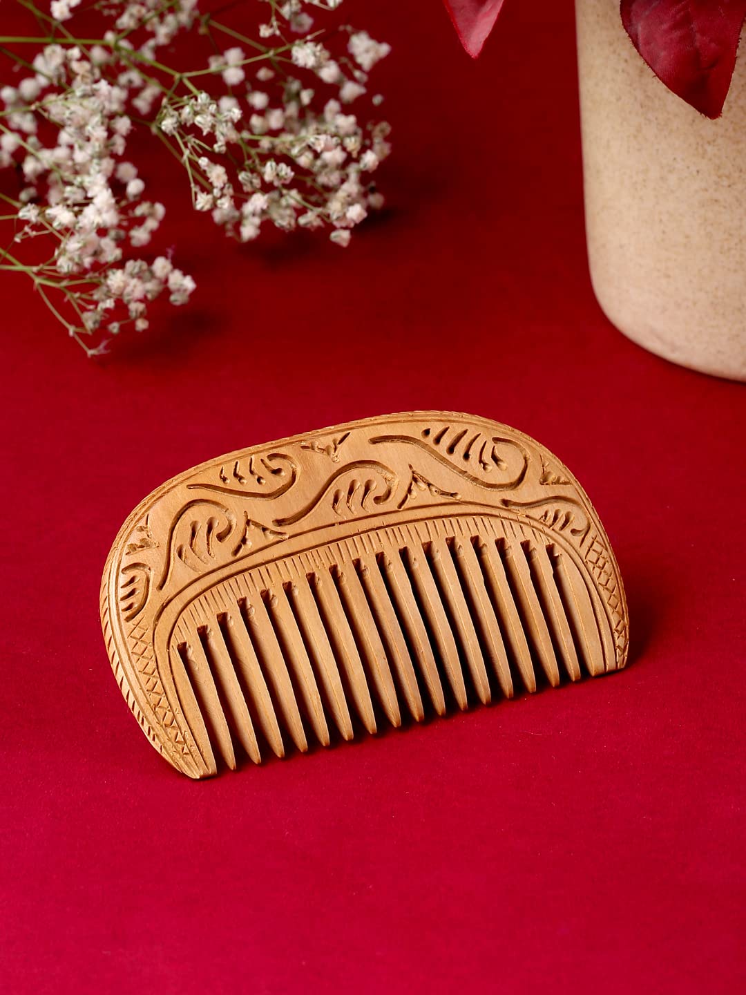 RDK Sandalwood (Chandan) Wooden Comb | Hair Growth, Hair-fall, Dandruff, Frizz Control | Straightening | Natural & Eco Friendly | Wide Tooth, Anti-Bacterial Styling Comb (Sandalwood Carving)-image-9