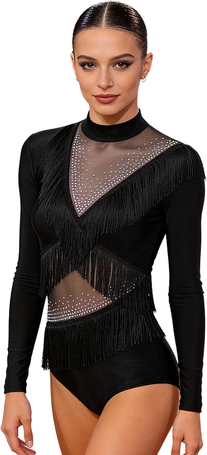 iiniim Women Latin Dance Costume Rhinestone Mesh Fringed Leotard Tassel Samba Bodysuit Ballroom Dancewear