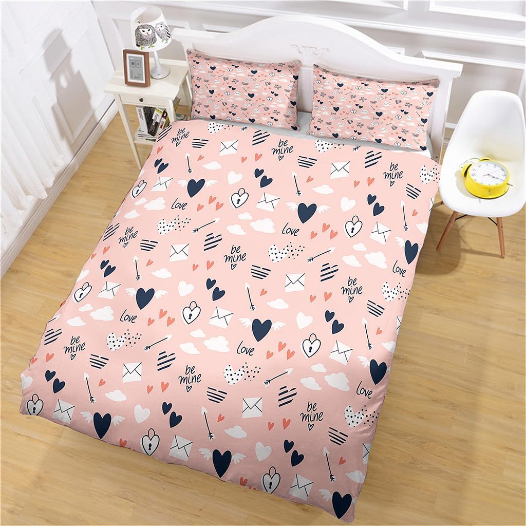 Housse de couette 220x240 cœur avec ses deux taies d'oreiller assorties pour lit 2 personnes