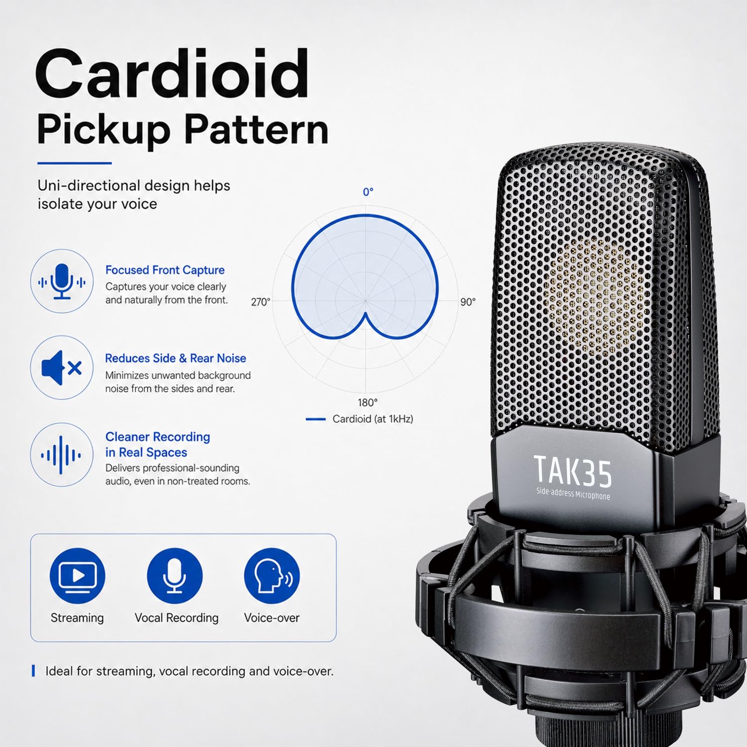 Takstar Micrófono de condensador XLR, micrófono profesional de grabación de estudio con soporte de choque para transmisiones, podcasting, video, transmisión, YouTube, grabación de instrumentos vocales