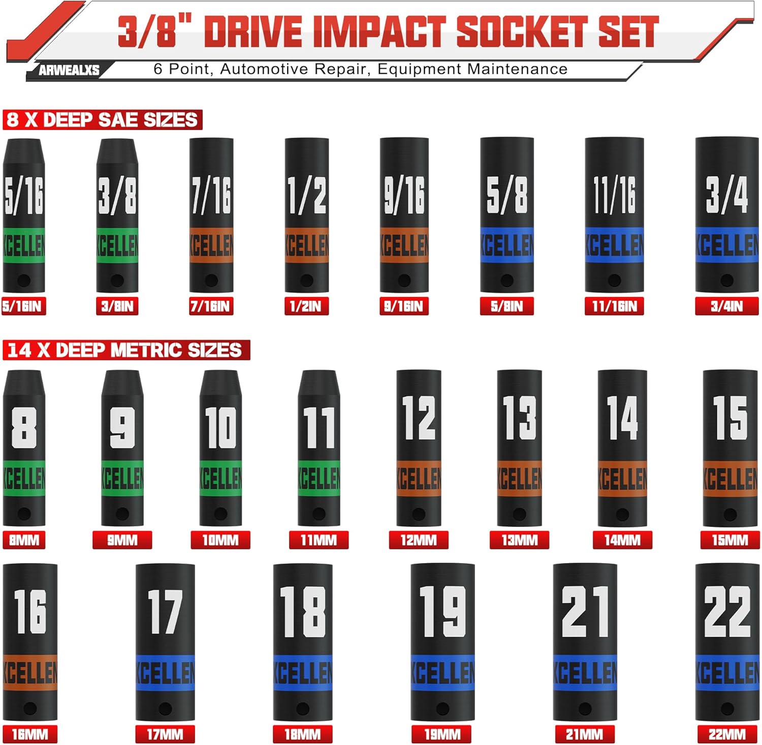 50 Piece 3/8" Drive Impact Socket Set, SAE (5/16''-3/4'') and Metric (8-22mm) Socket Kit, Extension bar & Adapter, 6 Point, Automotive Repair, Equipment Maintenance