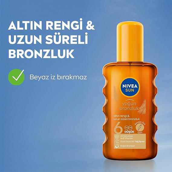NIVEA SUN Karoten Özlü Yoğun Bronzlaştırıcı Güneş Yağ Sprey 200ml, E Vitamini,Doğal ve Altın Rengi Bronzluk
