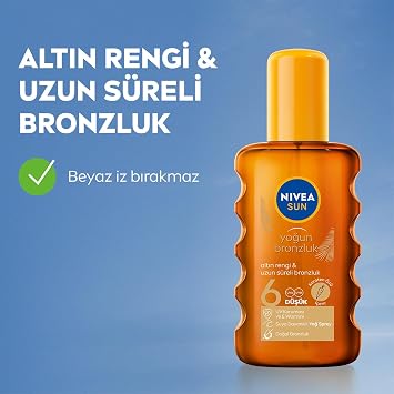 NIVEA SUN Karoten Özlü Yoğun Bronzlaştırıcı Güneş Yağ Sprey 200ml, E Vitamini,Doğal ve Altın Rengi Bronzluk