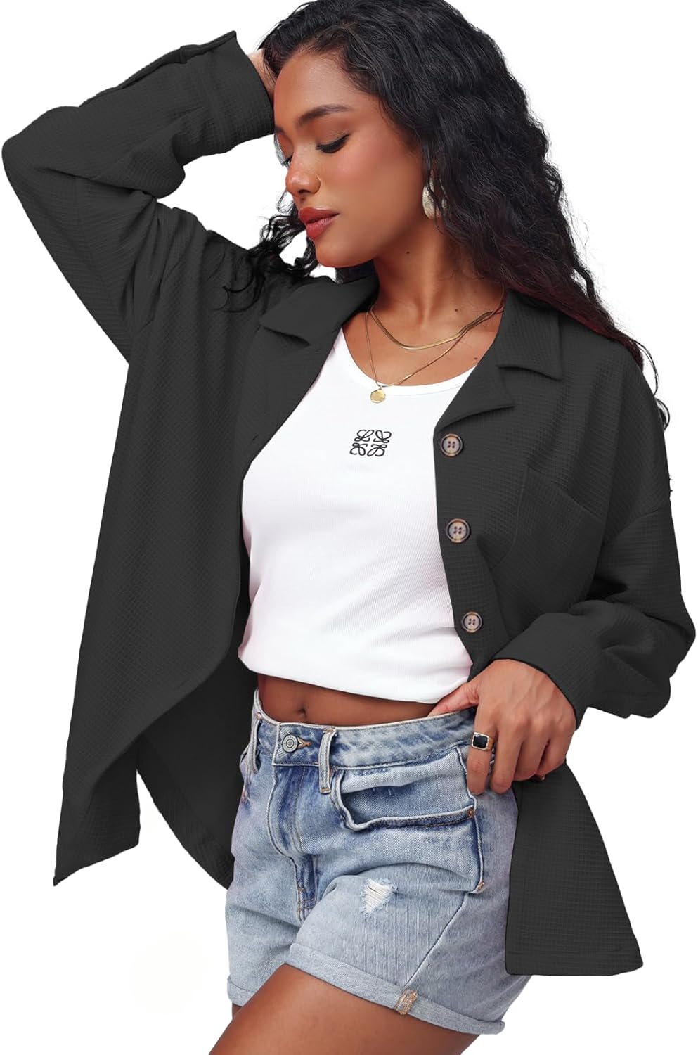 Womens Waffle Knit Shacket Jacket Oversized Casual Long Sleeve Button Down Shirts Dressy Blouses Tops with Pocket - Image 3