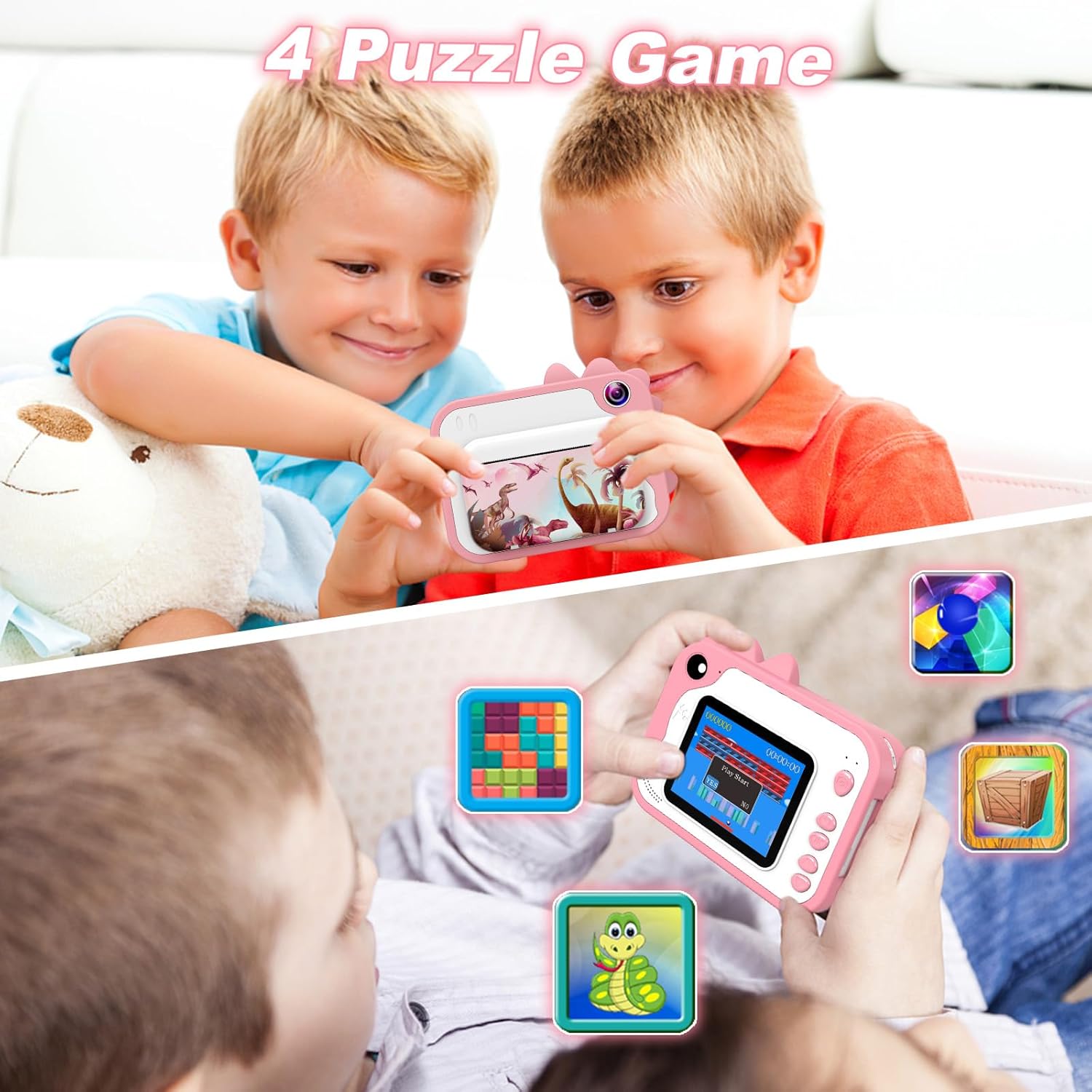Children playing puzzle games on CHAKEYAKE P80 camera