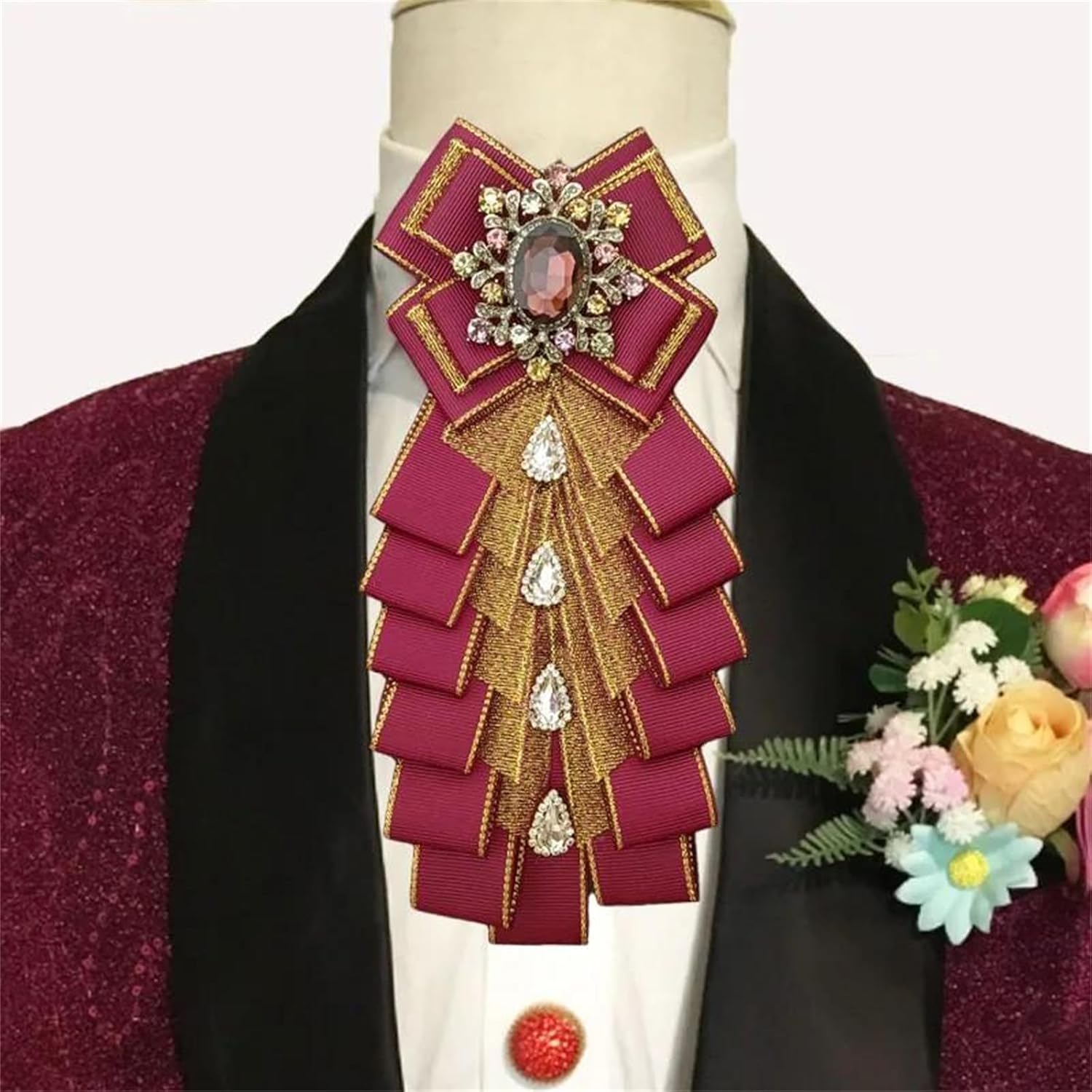 Womens Mens Retro Ribbon Bow Tie Brooch Rhinestone Collar Flower for Wedding Shirt Accessories