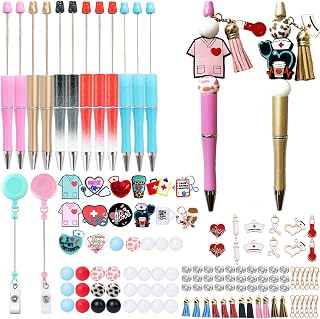 KnvsS Beadable Pens Bulk Bead Pens Retractable Badge Holder with Assorted Colors Beads Pendants Tassels DIY Pen Making Kit Multicolor Ballpoint Pen Black Ink for Women Nurse Hospital