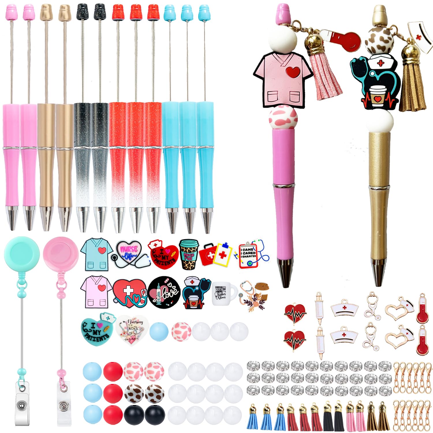 Beadable Pens Kit For Nurses - DIY Pen Making With Silicone Beads, Pendants & Tassels