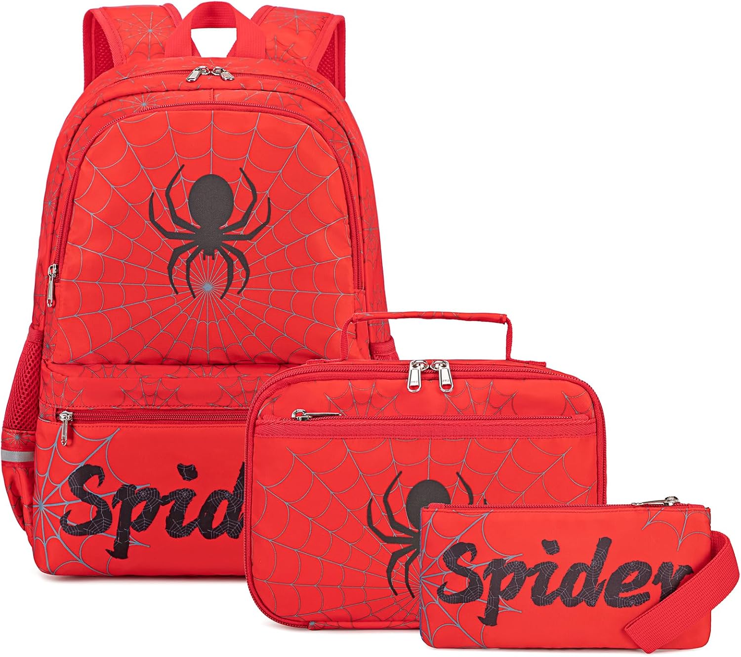 Octsky Kids School Backpack with Lunch Box Pencil Case for Boys, Spider Elementary Middle School Book Bags for Teen Boy Children, Red Black