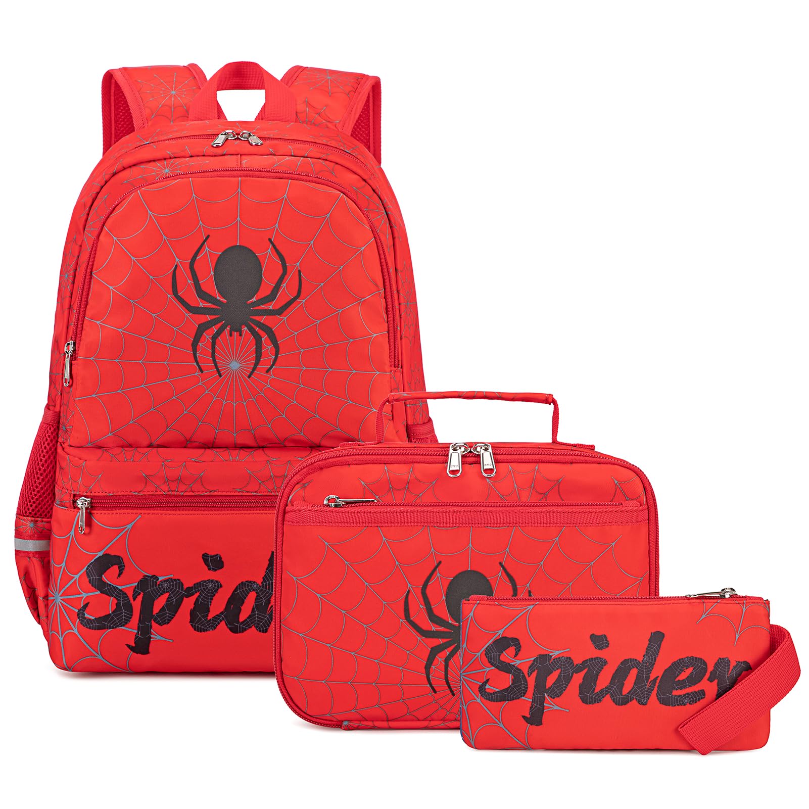 Octsky Kids School Backpack with Lunch Box Pencil Case for Boys, Spider Elementary Middle School Book Bags for Teen Boy Children, Red Black