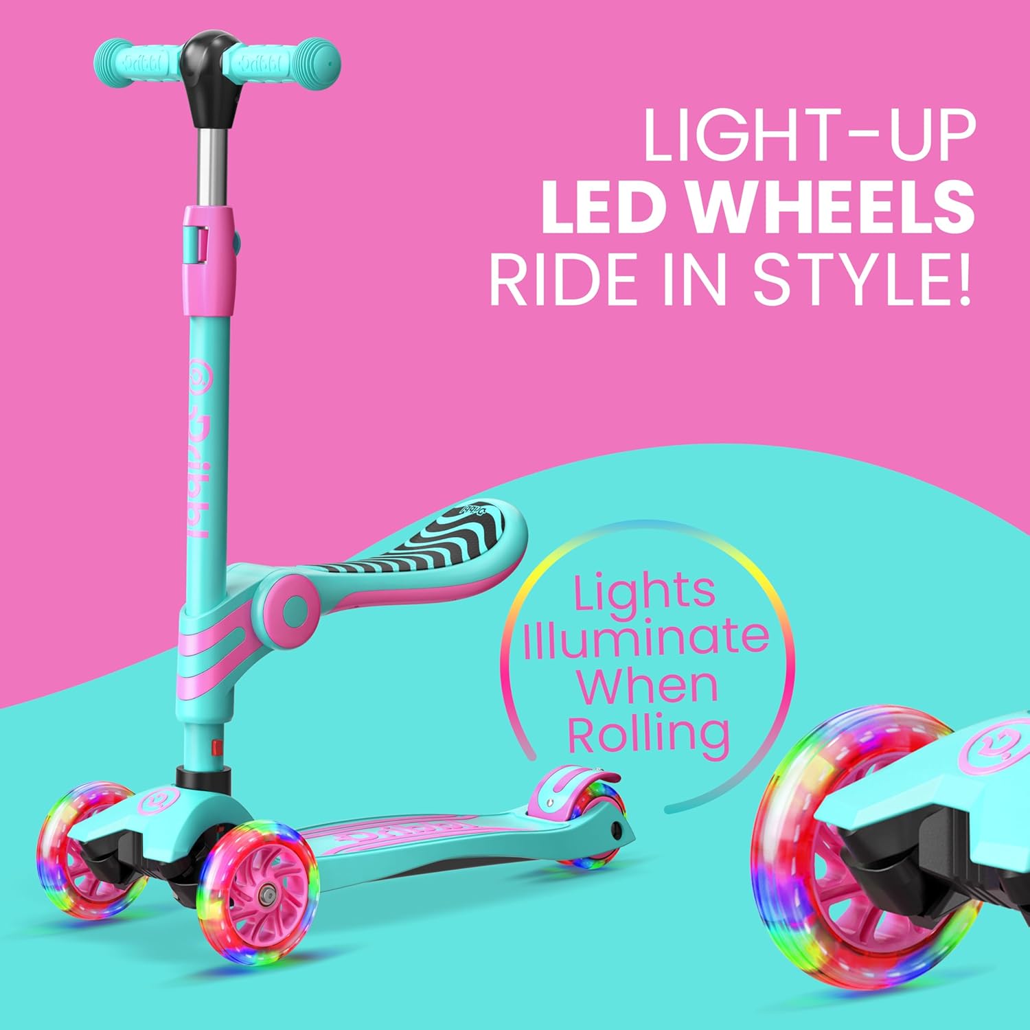 Candy 3 Wheel Scooter with Seat for Kids, Light-Up Wheels, Adjustable Lean to Steer Handlebar and Seat, Smooth Wheels, Wide No-Slip Deck, Rear Foot Brake, Toddler Outdoor Toys for Ages 2+