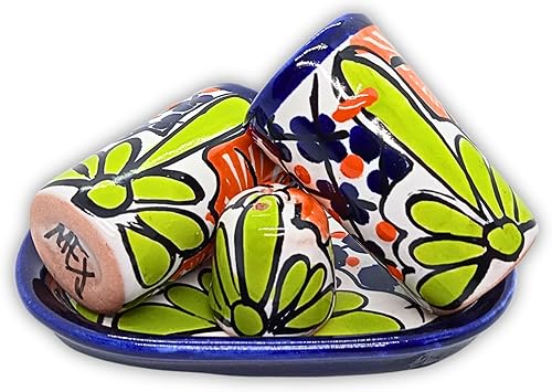 Miniatura 7 de Talavera - Vasos de chupito de tequila con bandeja y salero (juego de 2) - Diseño de flores verdes - Juego de regalo auténtico mexicano pintado a