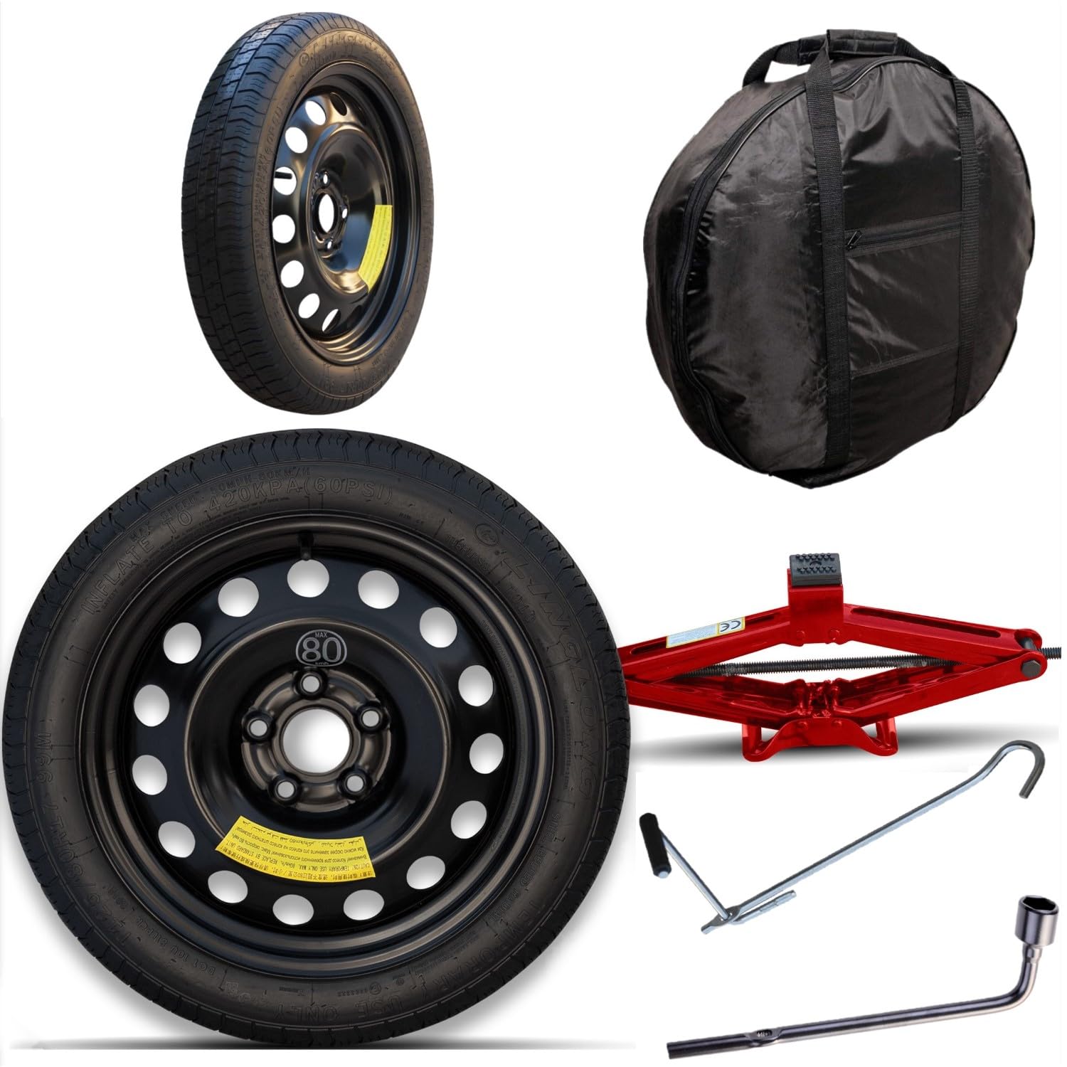 Ruotino Di Scorta Compatibile con Jeep Renegade (BU) 5 Fori Gomma 125/80 R17 Da Anno 2014 Fino ad Anno 2025 Con Kit Accessori Cric Crick Chiave e Sacca 125 80 17 17"