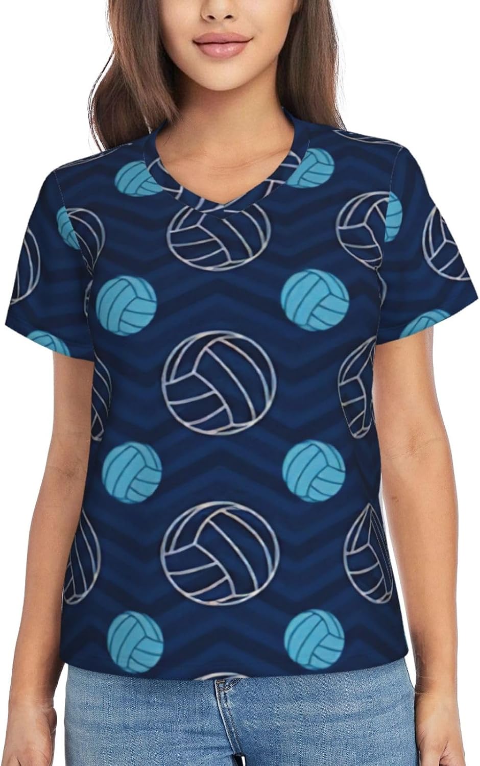 Women Casual Blue Volleyball Print V-Neck T-Shirt Short Sleeve Summer Trendy Tops.